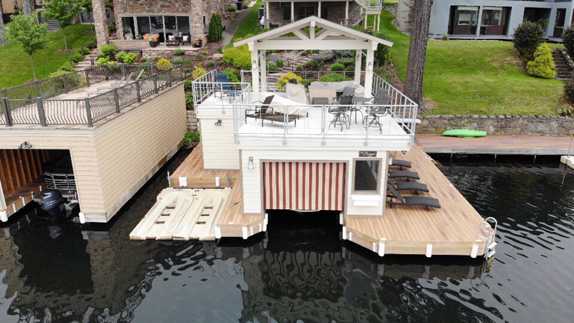Before-and-after image showcasing the transformation of a lakefront property through 
construction and development by MHW Dockworks, featuring a dock, deck, and other waterfront features